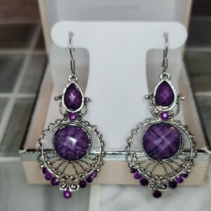 Elegant Purple Silver Dangle Earrings